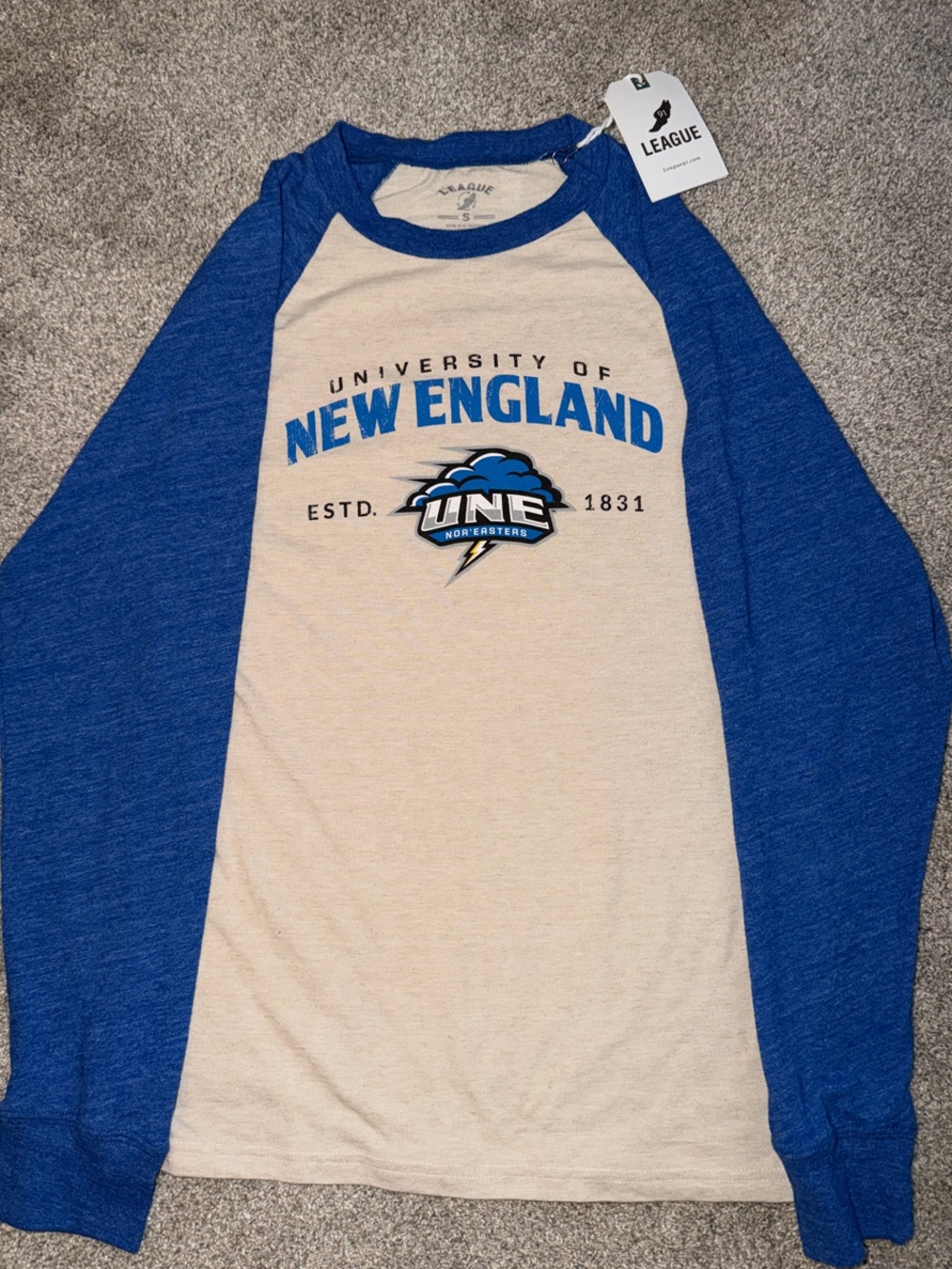 University of New England - League Brand-Super Soft Blue & Cream Long Sleeve Tee